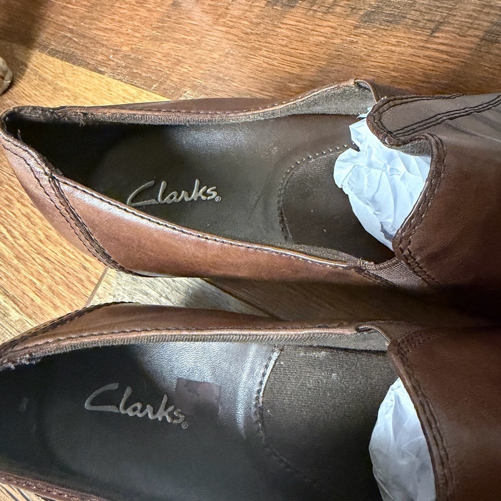 Clarks 89488 Women 8M Partridge Brown Leather Slip On Loafers mules Heels Shoes - Picture 6 of 8